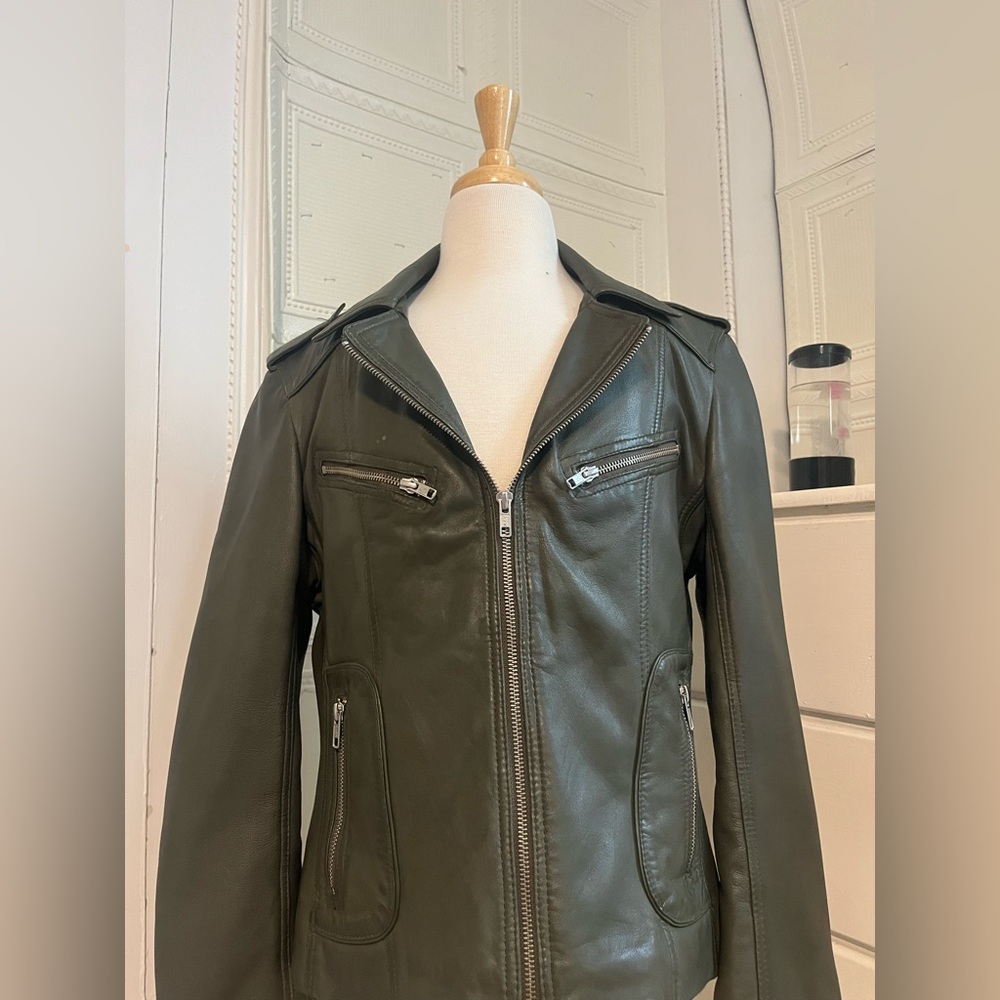 Vintage Forest Green Genuine Leather Moto Jacket Carrie Horton Size 14 - Picture 3 of 15